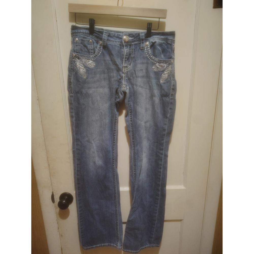 Grace in LA Women Bootcut Jeans Feather Embroidery Rhinestone Medium Wash 29